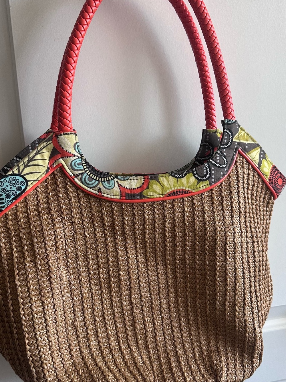 Vera Bradley Braided Red Handle Straw Tote with Floral Trim